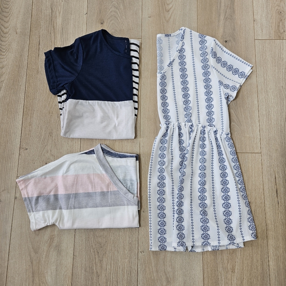 Blue and White Patterned Dress with Striped Tops